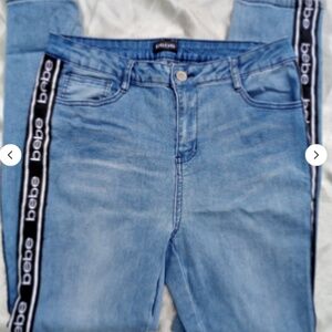 Bebe womens high waisted blue skinny jeans black side logo stripe sz6